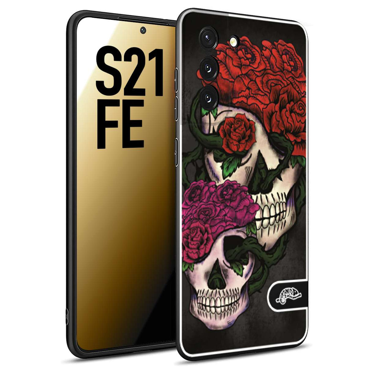 CUSTOMIZZA - Custodia cover nera morbida in tpu compatibile per Samsung S21 FE teschi e rose rosse fucsia skull and roses