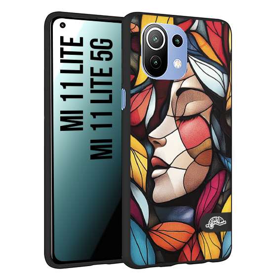 CUSTOMIZZA - Custodia cover nera morbida in tpu compatibile per Xiaomi Mi 11 Lite / Mi 11 Lite 5G Vetrata artistica volto di donna profilo fogliare mosaico di vetro colorato