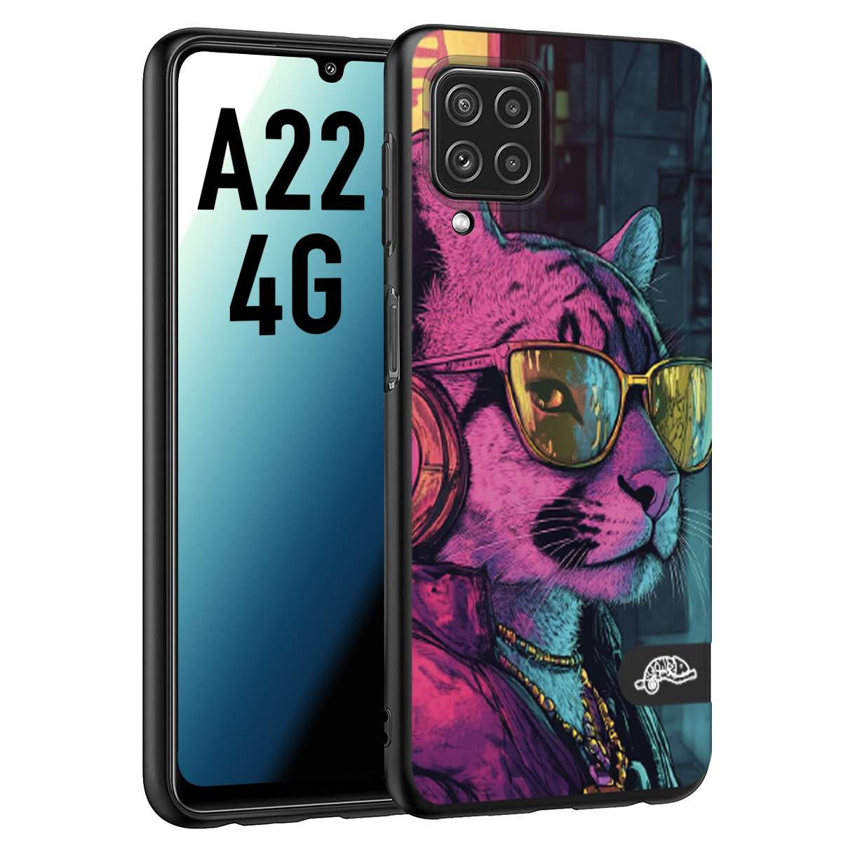 CUSTOMIZZA - Custodia cover nera morbida in tpu compatibile per Samsung A22 4G animali cyberpunk pantera street cat fucsia blu giallo