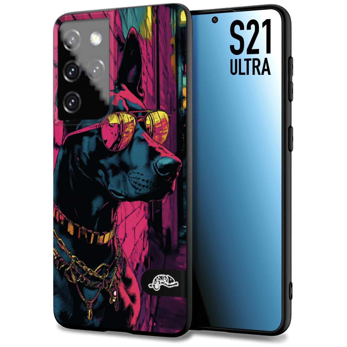 CUSTOMIZZA - Custodia cover nera morbida in tpu compatibile per Samsung S21 ULTRA animali cyberpunk dobermann cane street dog fucsia blu