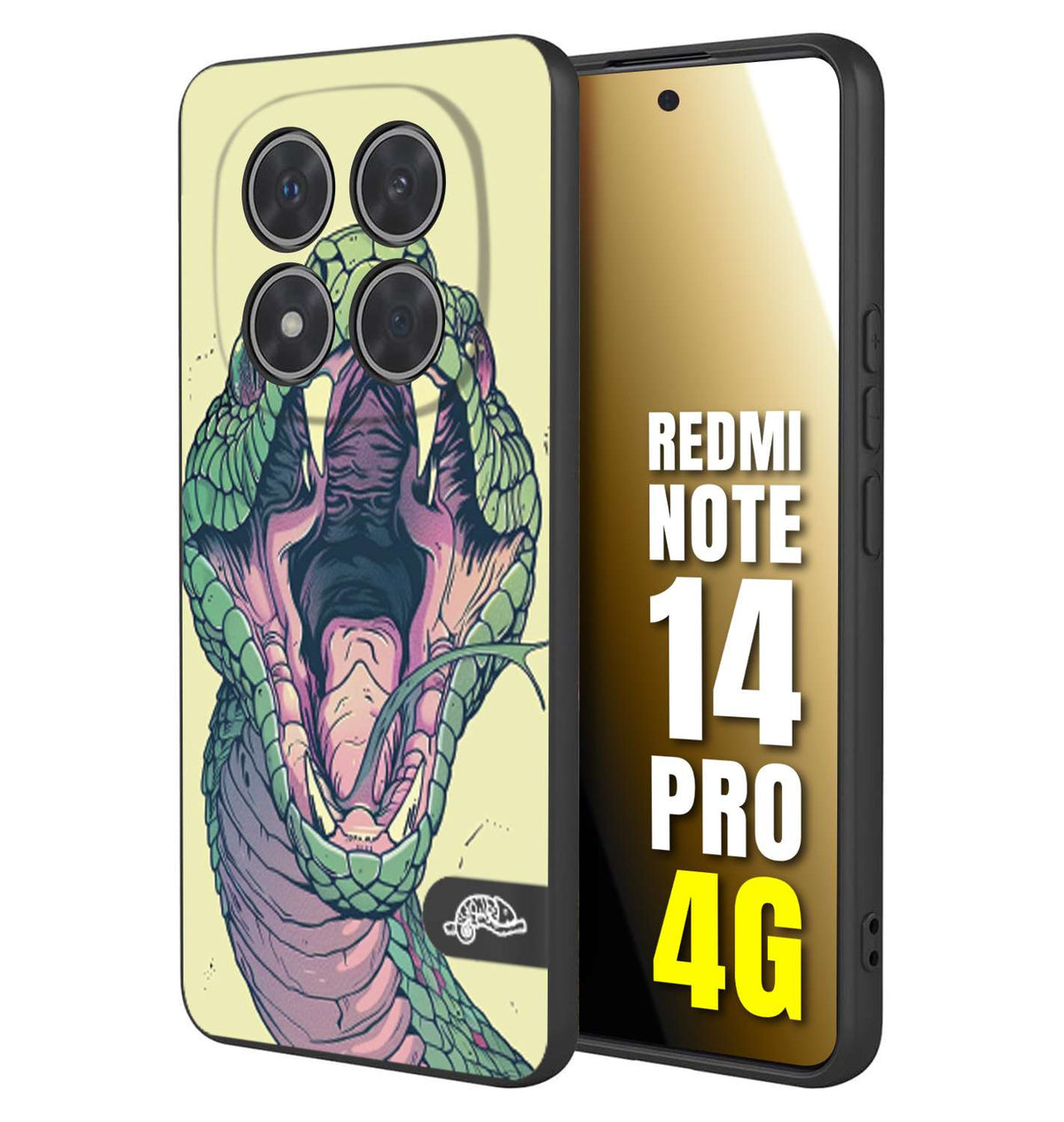 CUSTOMIZZA - Custodia cover nera morbida in tpu compatibile per Xiaomi Redmi Note 14 PRO 4G snake yellow green serpente tatuaggio tattoo disegnato a mano