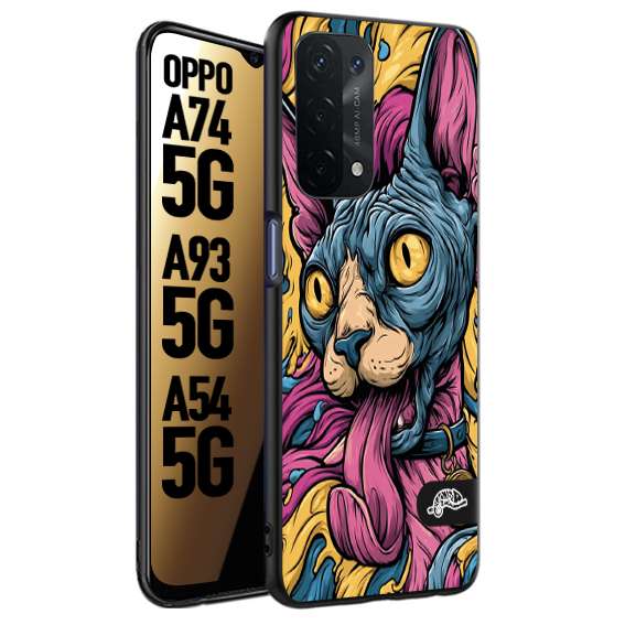 CUSTOMIZZA - Custodia cover nera morbida in tpu compatibile per Oppo A74 5G - A93 5G - A54 5G Sphynx Colorato Pop Art Psichedelico Gatto Blu Rosa Giallo Artistica Fantasy