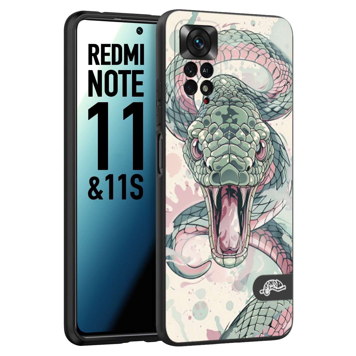 CUSTOMIZZA - Custodia cover nera morbida in tpu compatibile per Xiaomi Redmi Note 11 - Note 11S snake pink green serpente tatuaggio tattoo disegnato a mano