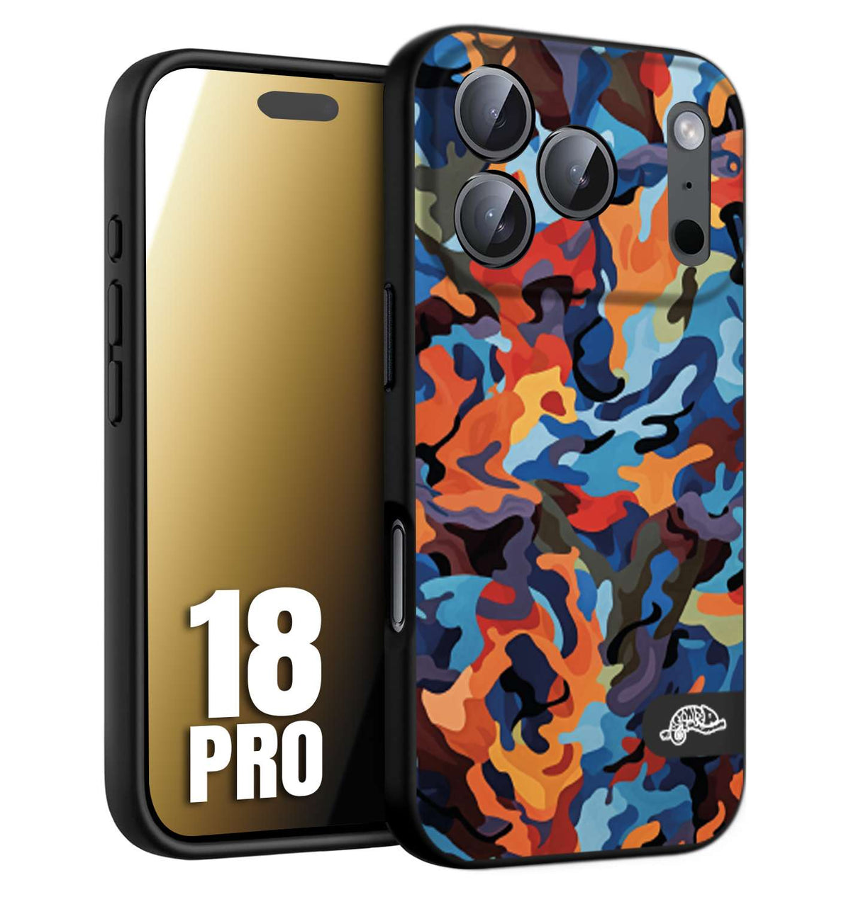 CUSTOMIZZA - Custodia cover nera morbida in tpu compatibile per iPhone 18 PRO camouflage mimetico militare moderno blu arancio rosso