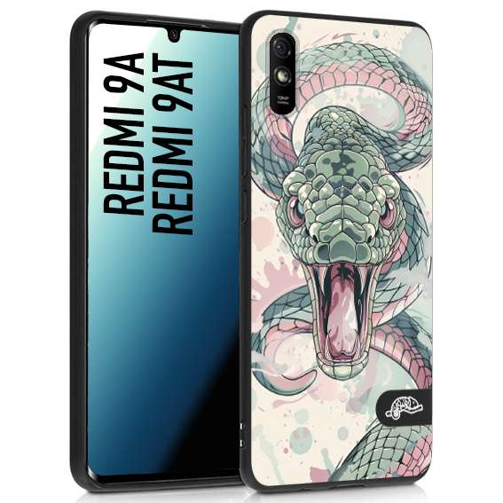 CUSTOMIZZA - Custodia cover nera morbida in tpu compatibile per Xiaomi Redmi 9A - 9AT snake pink green serpente tatuaggio tattoo disegnato a mano