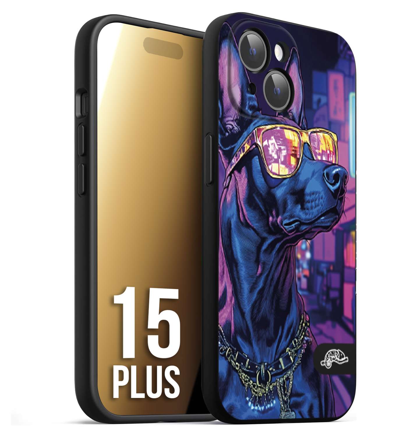 CUSTOMIZZA - Custodia cover nera morbida in tpu compatibile per iPhone 15 PLUS animali cyberpunk dobermann cane street dog fucsia blu night