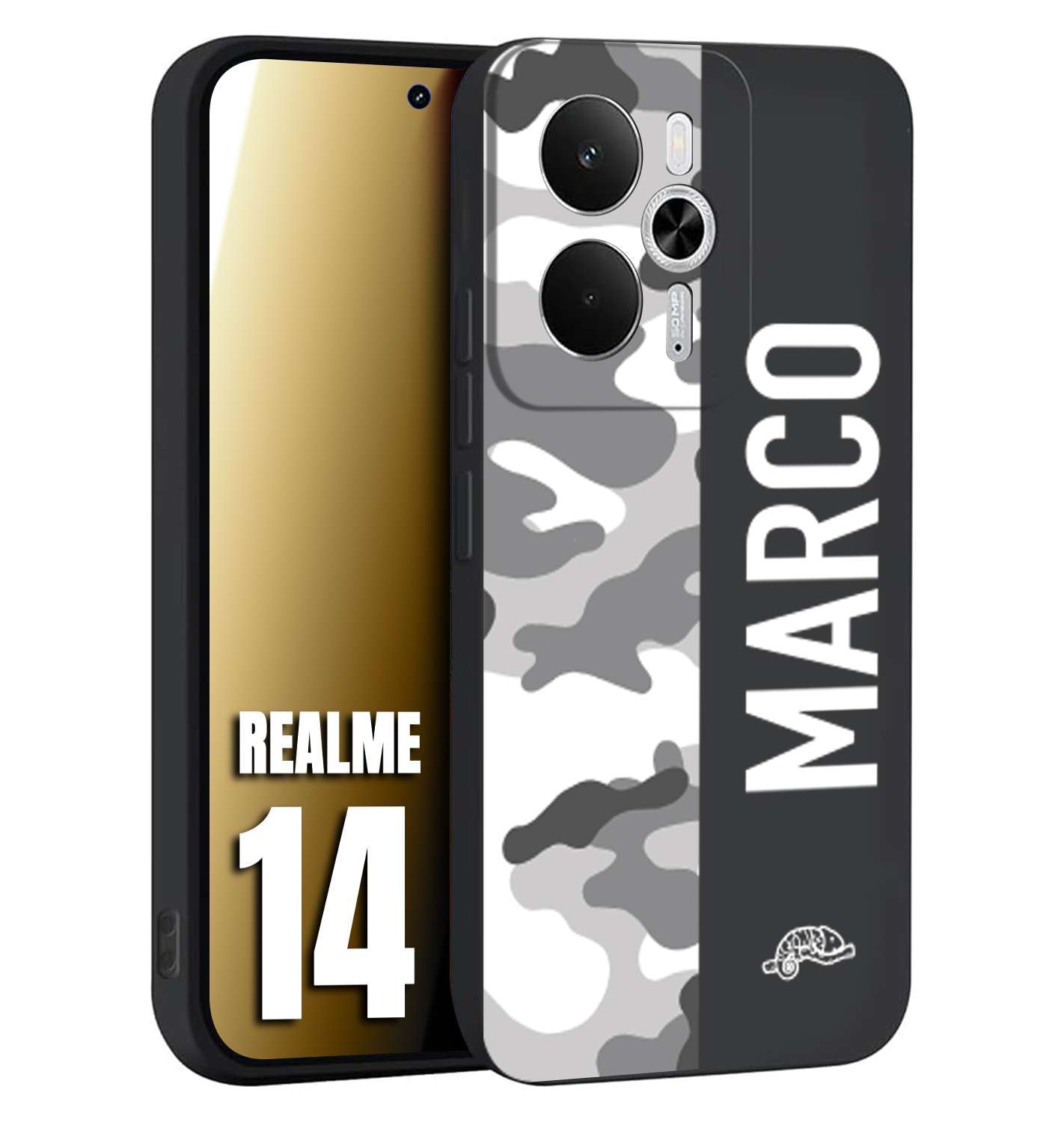 CUSTOMIZZA - Custodia cover nera morbida in tpu compatibile per Realme 14 5G camouflage mimetico militare personalizzata nome bianco