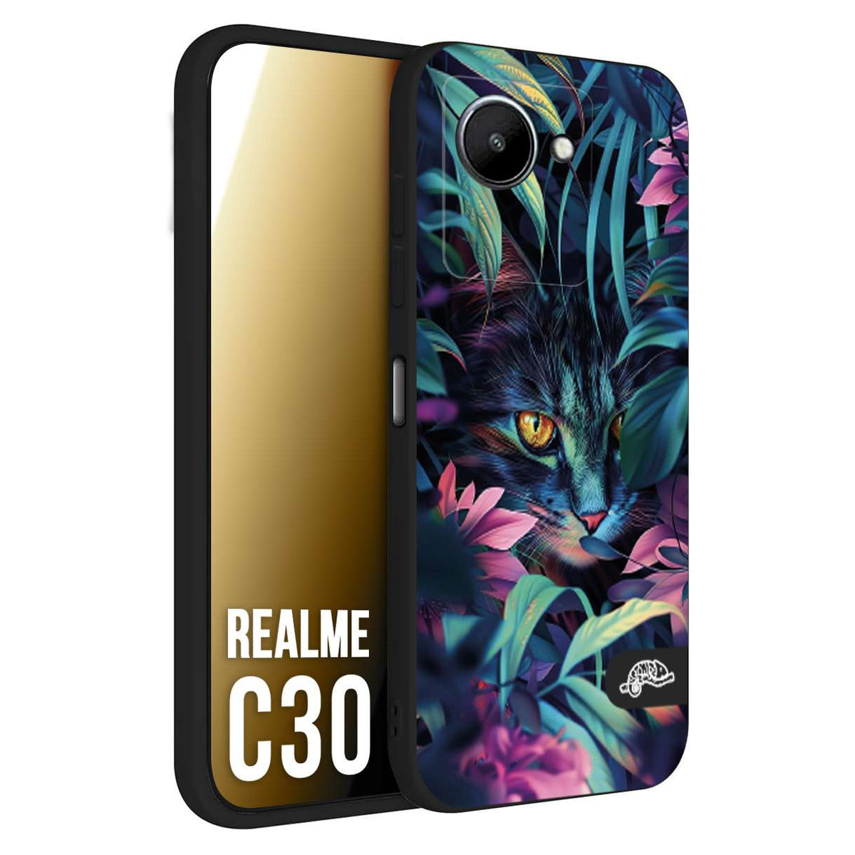 CUSTOMIZZA - Custodia cover nera morbida in tpu compatibile per Realme C30 animali color giungla tropicale occhio di gatto colori vibranti disegnato