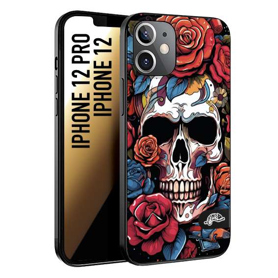 CUSTOMIZZA - Custodia cover nera morbida in tpu compatibile per iPhone 12 - 12 PRO teschio skull flowers fiori rose rosse tattoo disegnato