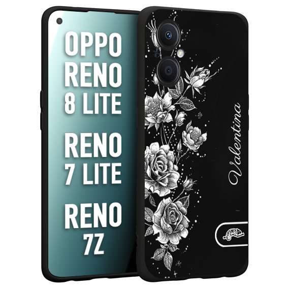 CUSTOMIZZA - Custodia cover nera morbida in tpu compatibile per Oppo Reno 7 Lite - 8 Lite - 7Z personalizzata rilievo soft touch nome rose fiori donna