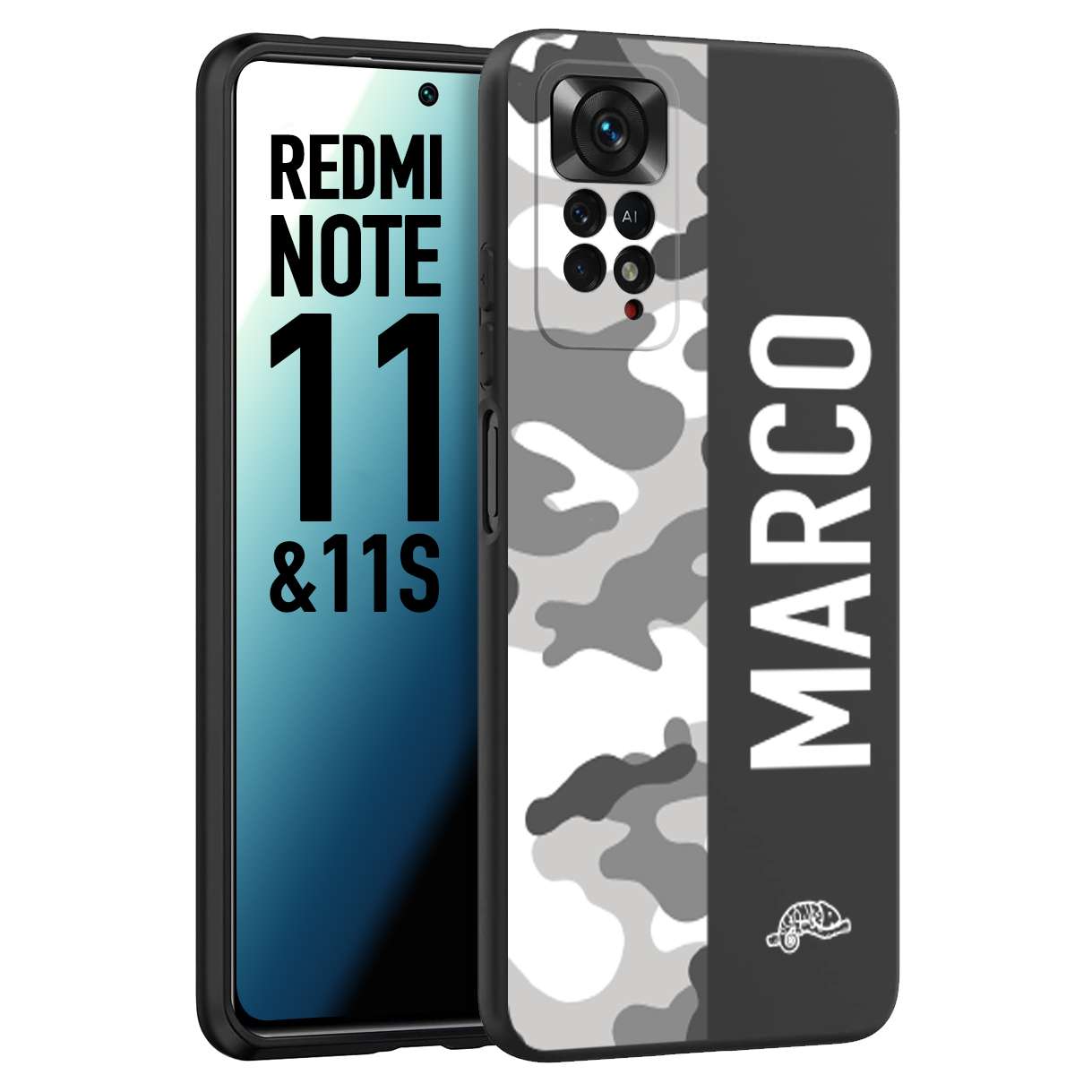 CUSTOMIZZA - Custodia cover nera morbida in tpu compatibile per Xiaomi Redmi Note 11 - Note 11S camouflage mimetico militare personalizzata nome bianco