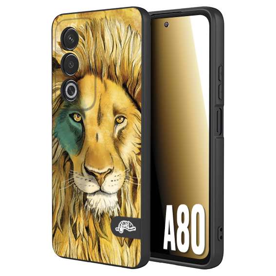 CUSTOMIZZA - Custodia cover nera morbida in tpu compatibile per Oppo A80 leone lion disegnato a mano giallo blu a rilievo artistico brown