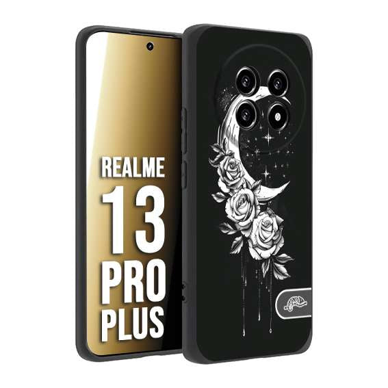 CUSTOMIZZA - Custodia cover nera morbida in tpu compatibile per Realme 13 PRO PLUS luna e fiori moon flowers black and white bianco a rilievo disegnato