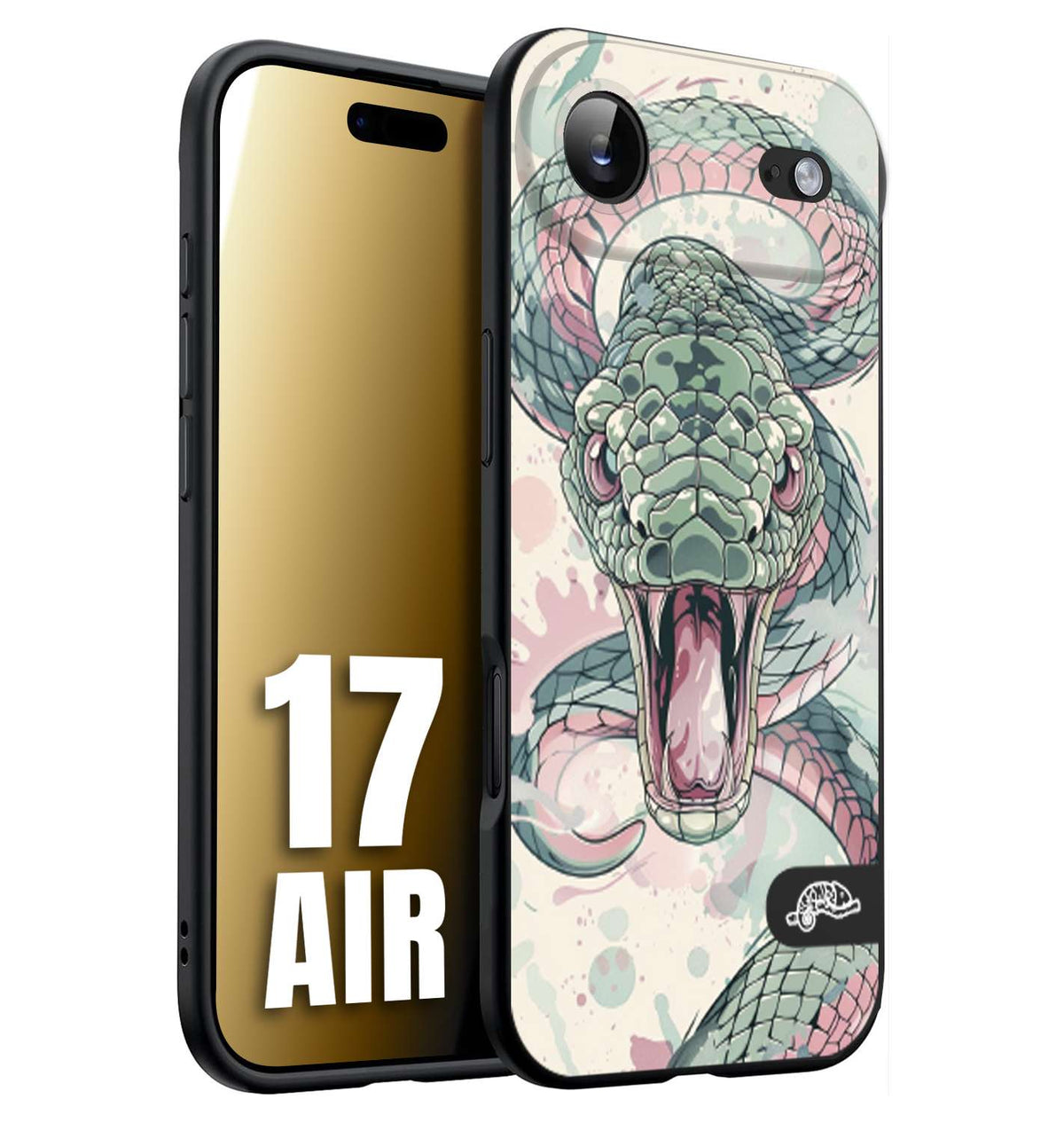 CUSTOMIZZA - Custodia cover nera morbida in tpu compatibile per iPhone 17 AIR snake pink green serpente tatuaggio tattoo disegnato a mano
