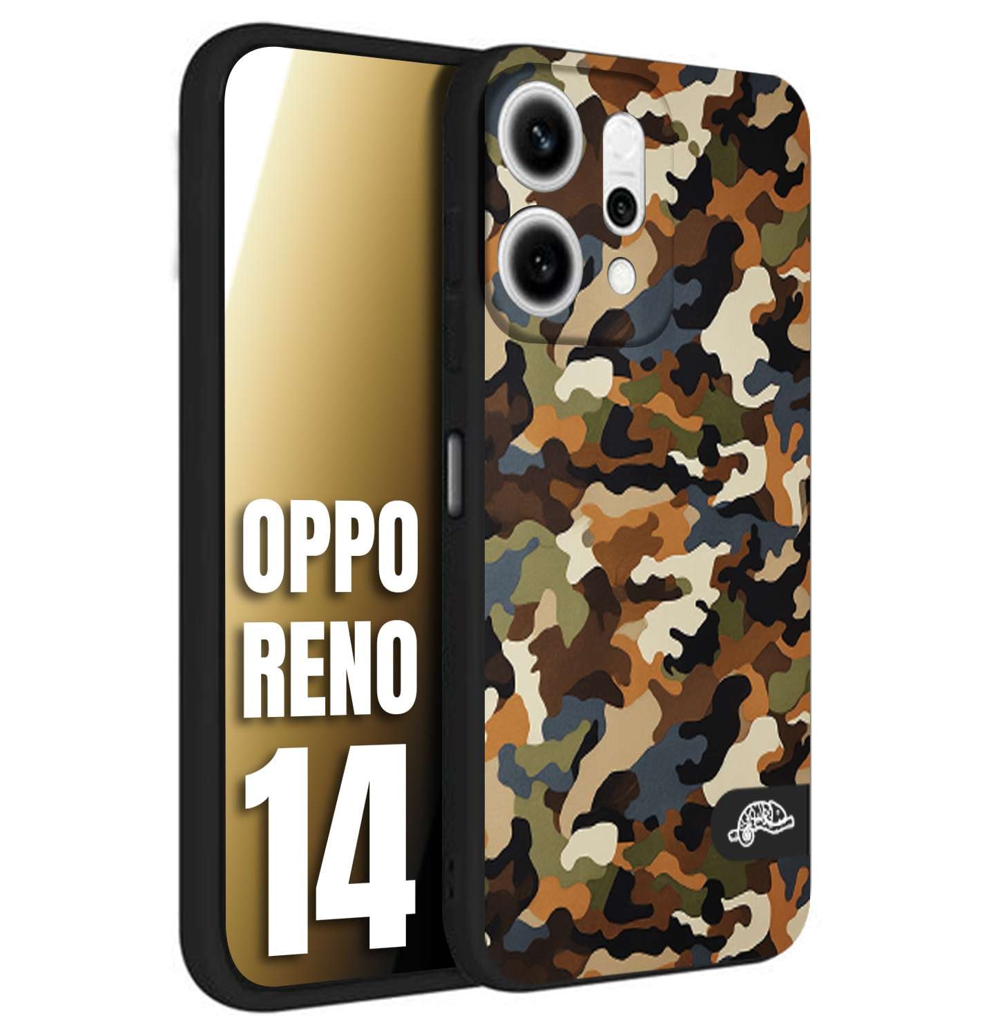 CUSTOMIZZA - Custodia cover nera morbida in tpu compatibile per Oppo Reno 14 camouflage mimetico militare moderno blu marrone beige