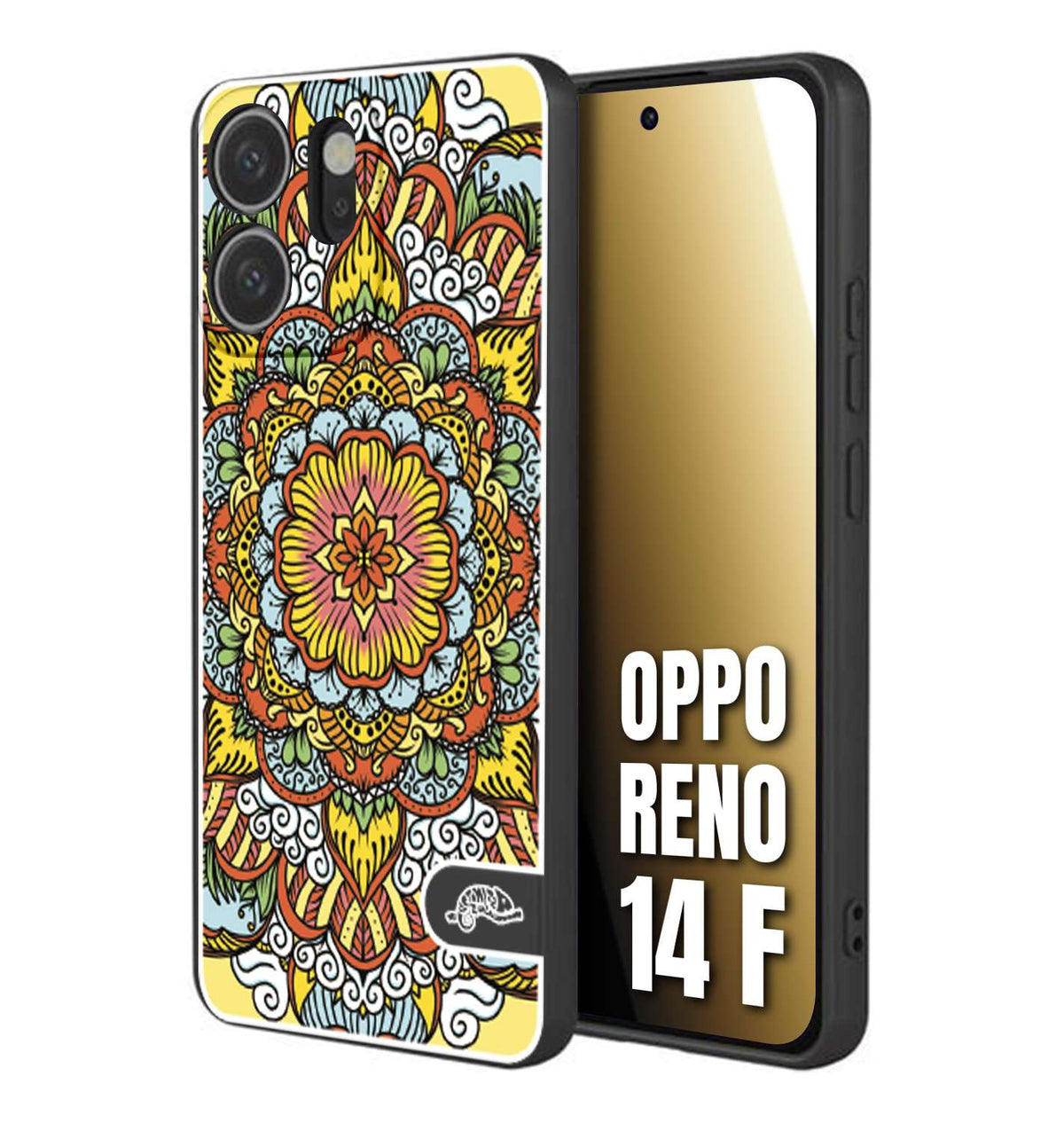 CUSTOMIZZA - Custodia cover nera morbida in tpu compatibile per Oppo Reno 14 F mandala colorato fiore nuvole arancione