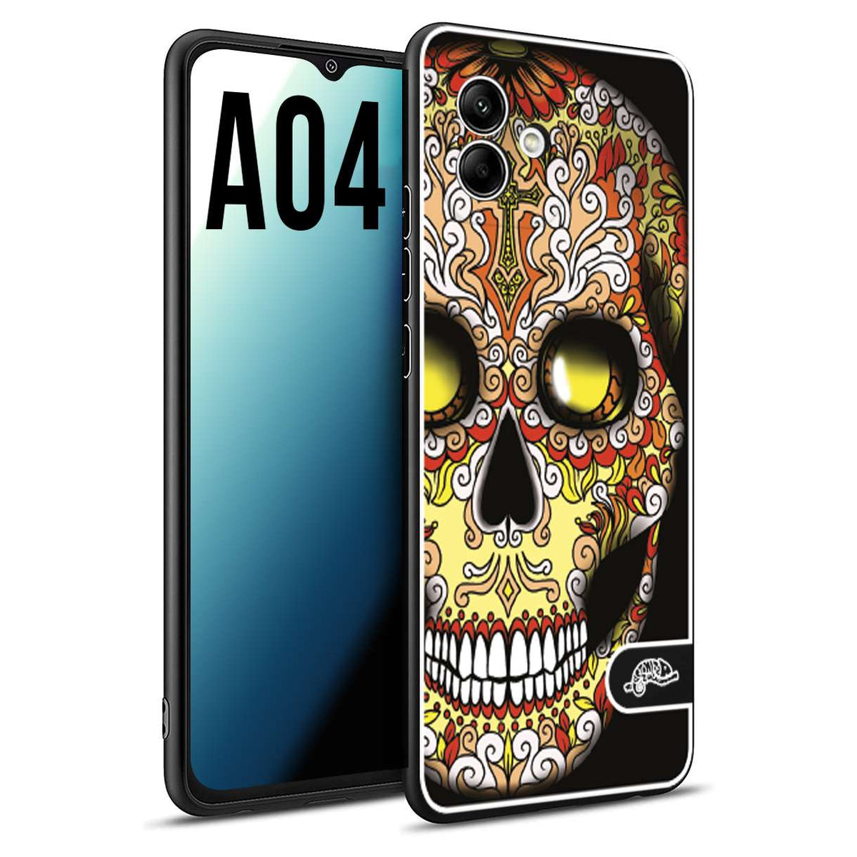 CUSTOMIZZA - Custodia cover nera morbida in tpu compatibile per Samsung A04 teschio messicano Mexican skull giallo rosso arancio
