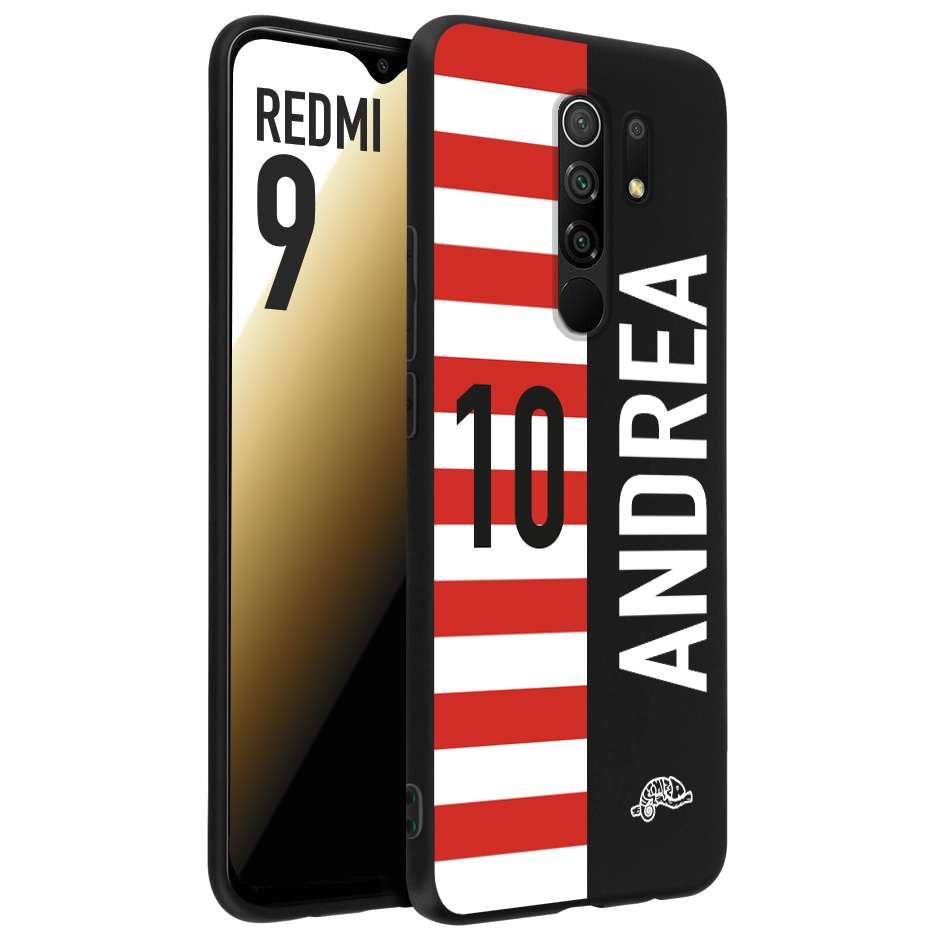 CUSTOMIZZA - Custodia cover nera morbida in tpu compatibile per Xiaomi Redmi 9 personalizzata calcio football nome e numero calciatori bianco rossa