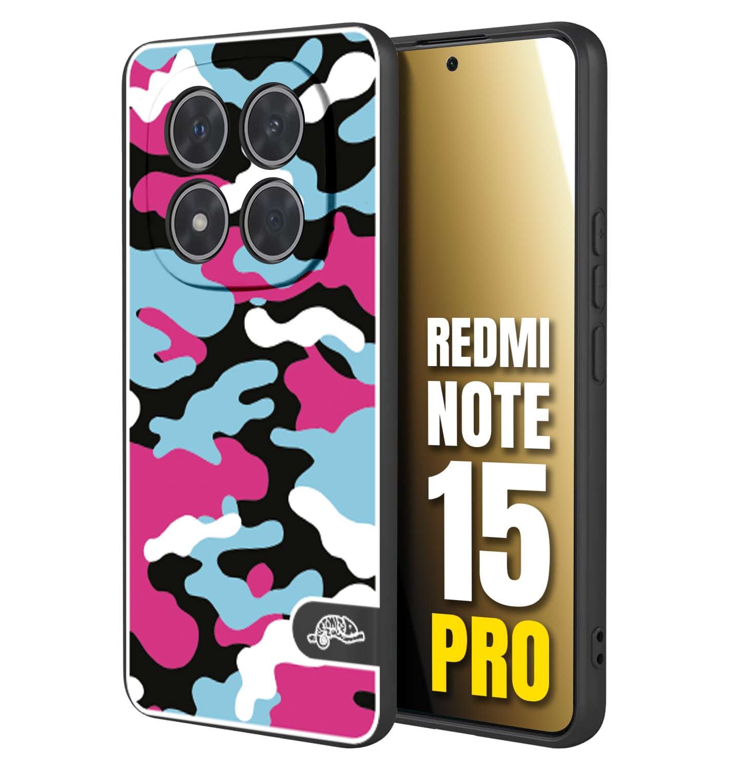 CUSTOMIZZA - Custodia cover nera morbida in tpu compatibile per Xiaomi Redmi Note 15 PRO camouflage mimetico militare fucsia celeste