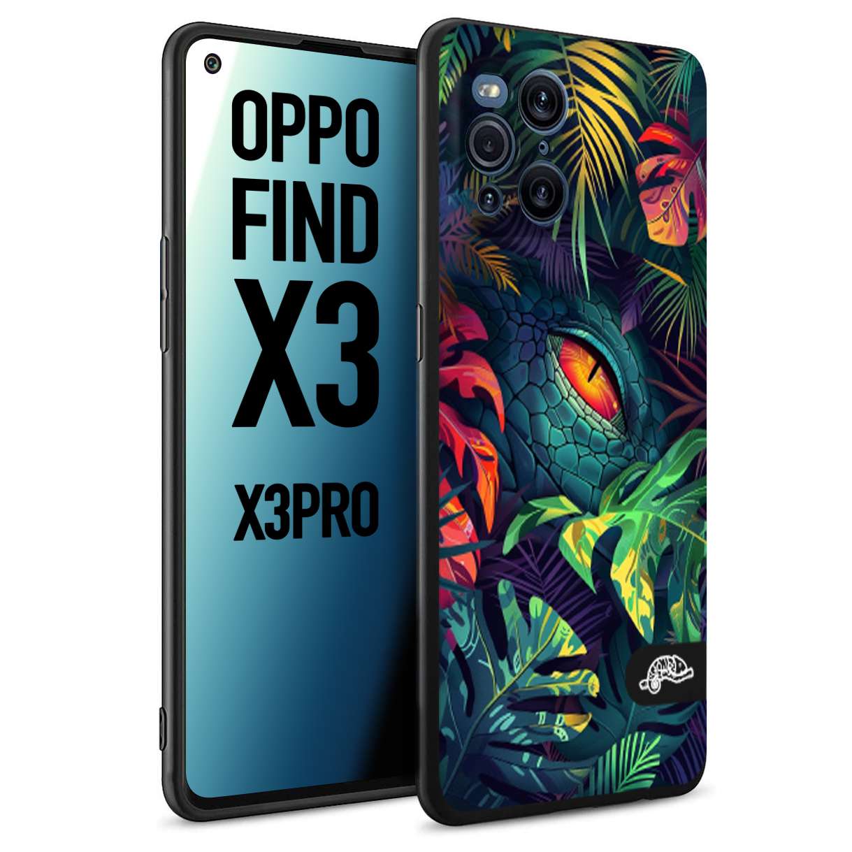 CUSTOMIZZA - Custodia cover nera morbida in tpu compatibile per Oppo Find X3 - Find X3 Pro 5G animali color giungla tropicale occhio di coccodrillo alligatore disegnato