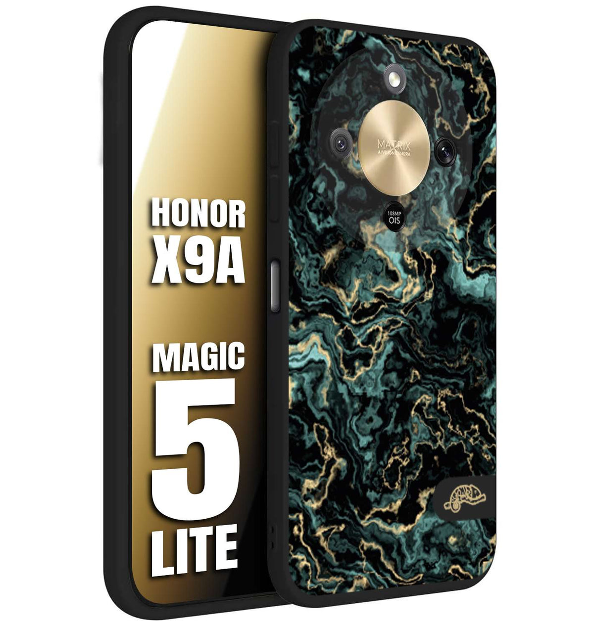 CUSTOMIZZA - Custodia cover nera morbida in tpu compatibile per Honor X9A - Honor Magic 5 Lite effetto marmo marble verde green venature dorato pietra