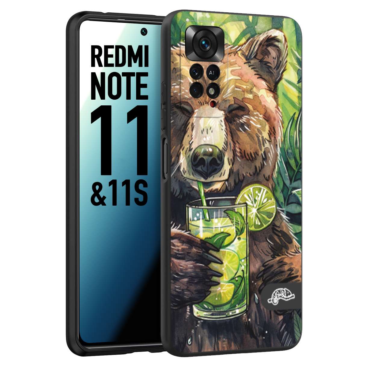 CUSTOMIZZA - Custodia cover nera morbida in tpu compatibile per Xiaomi Redmi Note 11 - Note 11S estate disegnata cocktails animali simpatici orso bear negroni