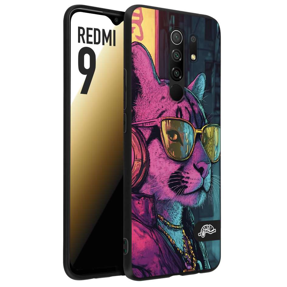 CUSTOMIZZA - Custodia cover nera morbida in tpu compatibile per Xiaomi Redmi 9 animali cyberpunk pantera street cat fucsia blu giallo