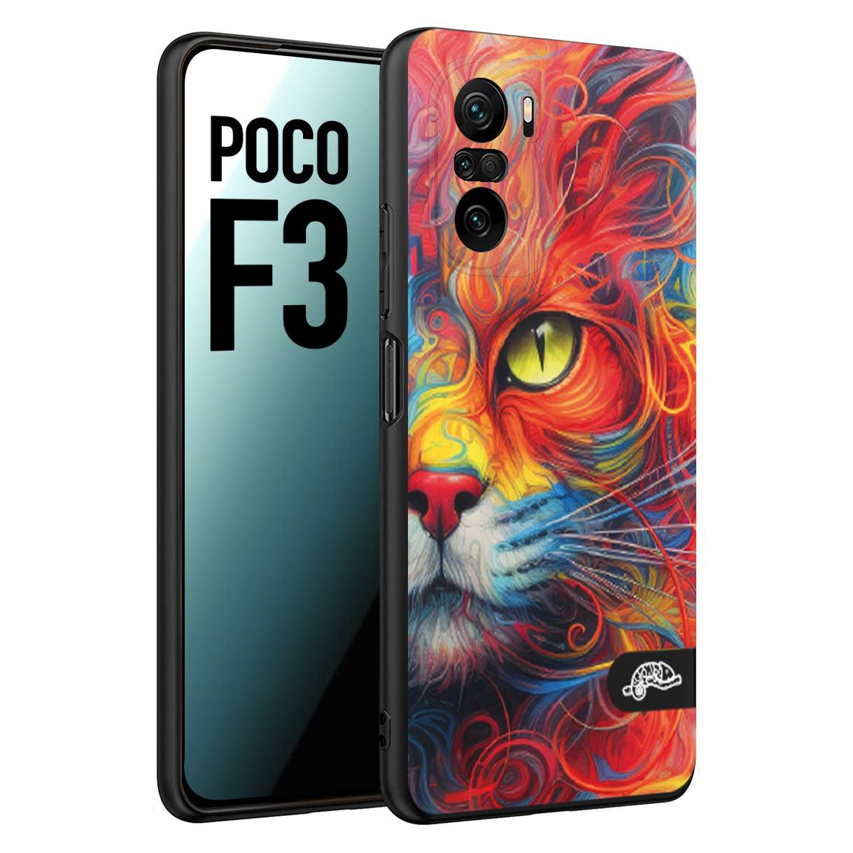 CUSTOMIZZA - Custodia cover nera morbida in tpu compatibile per Xiaomi Poco F3 animali color cat gatto viso colori vibranti disegnato schizzo