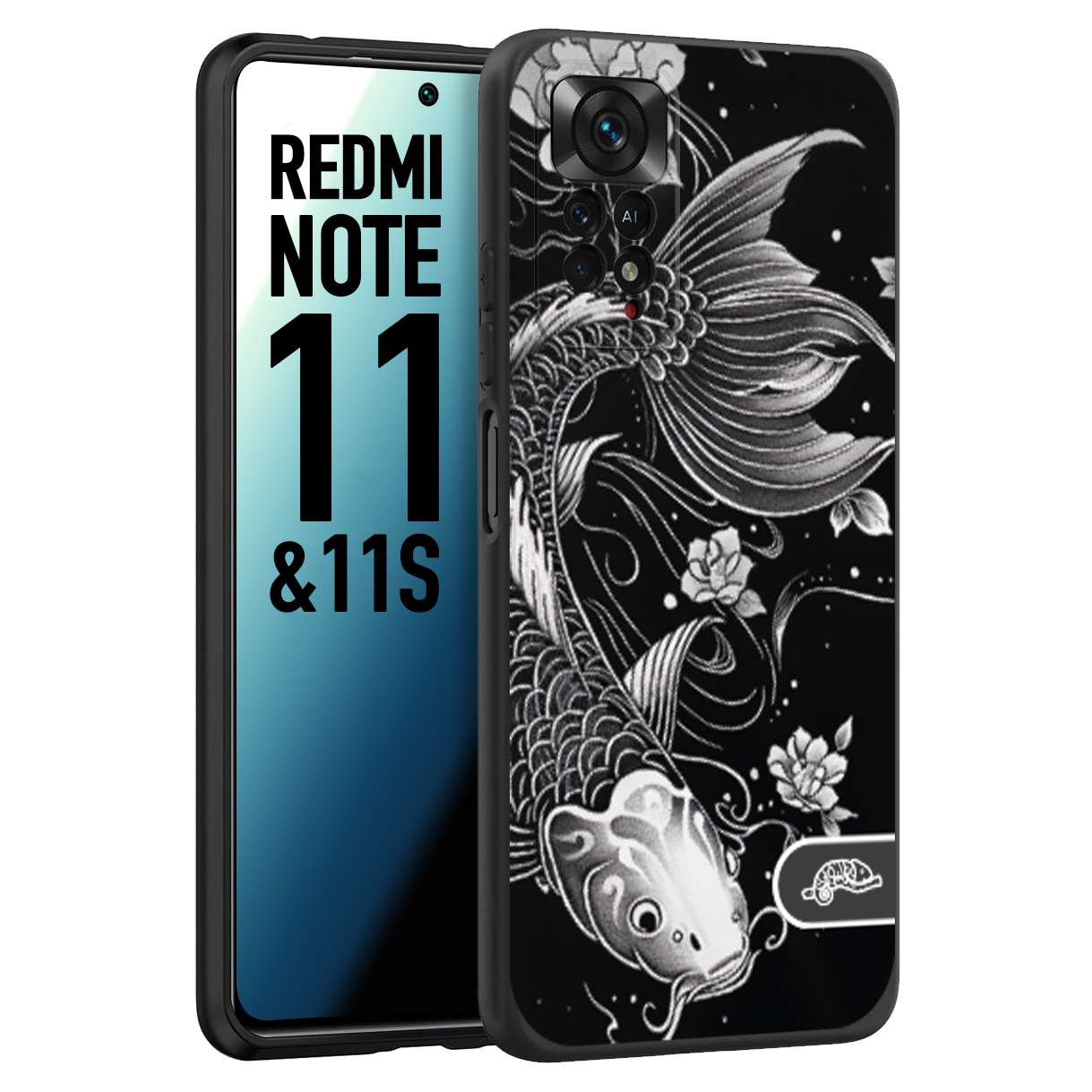 CUSTOMIZZA - Custodia cover nera morbida in tpu compatibile per Xiaomi Redmi Note 11 - Note 11S carpa koi black and white bianco a rilievo disegnato tattoo tatuaggio