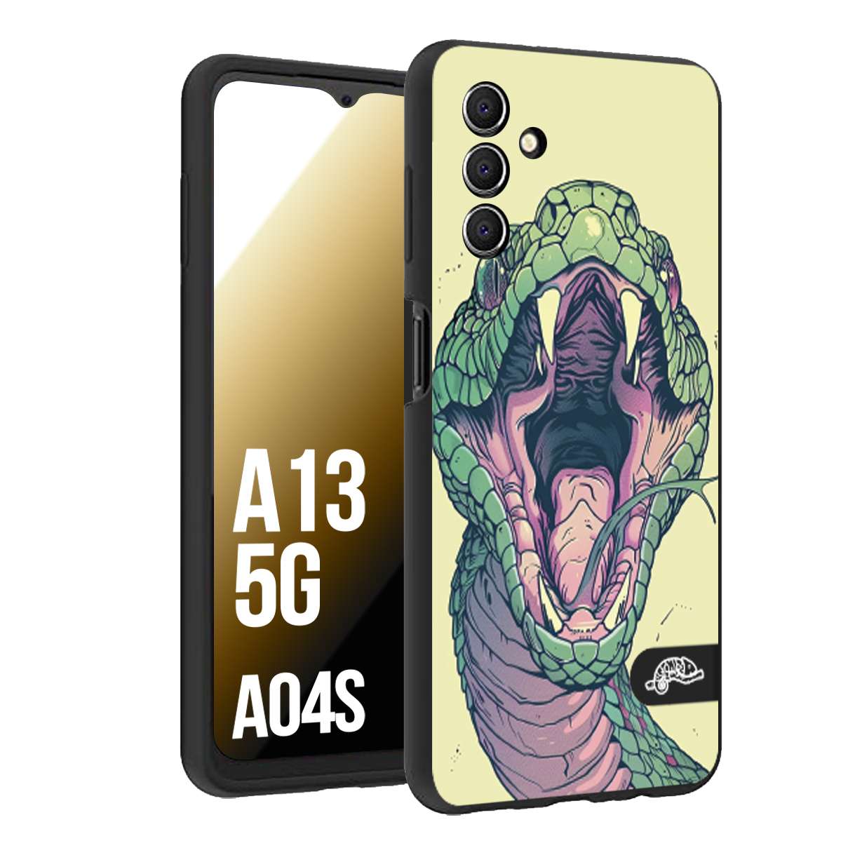 CUSTOMIZZA - Custodia cover nera morbida in tpu compatibile per Samsung A04S - A13 5G snake yellow green serpente tatuaggio tattoo disegnato a mano