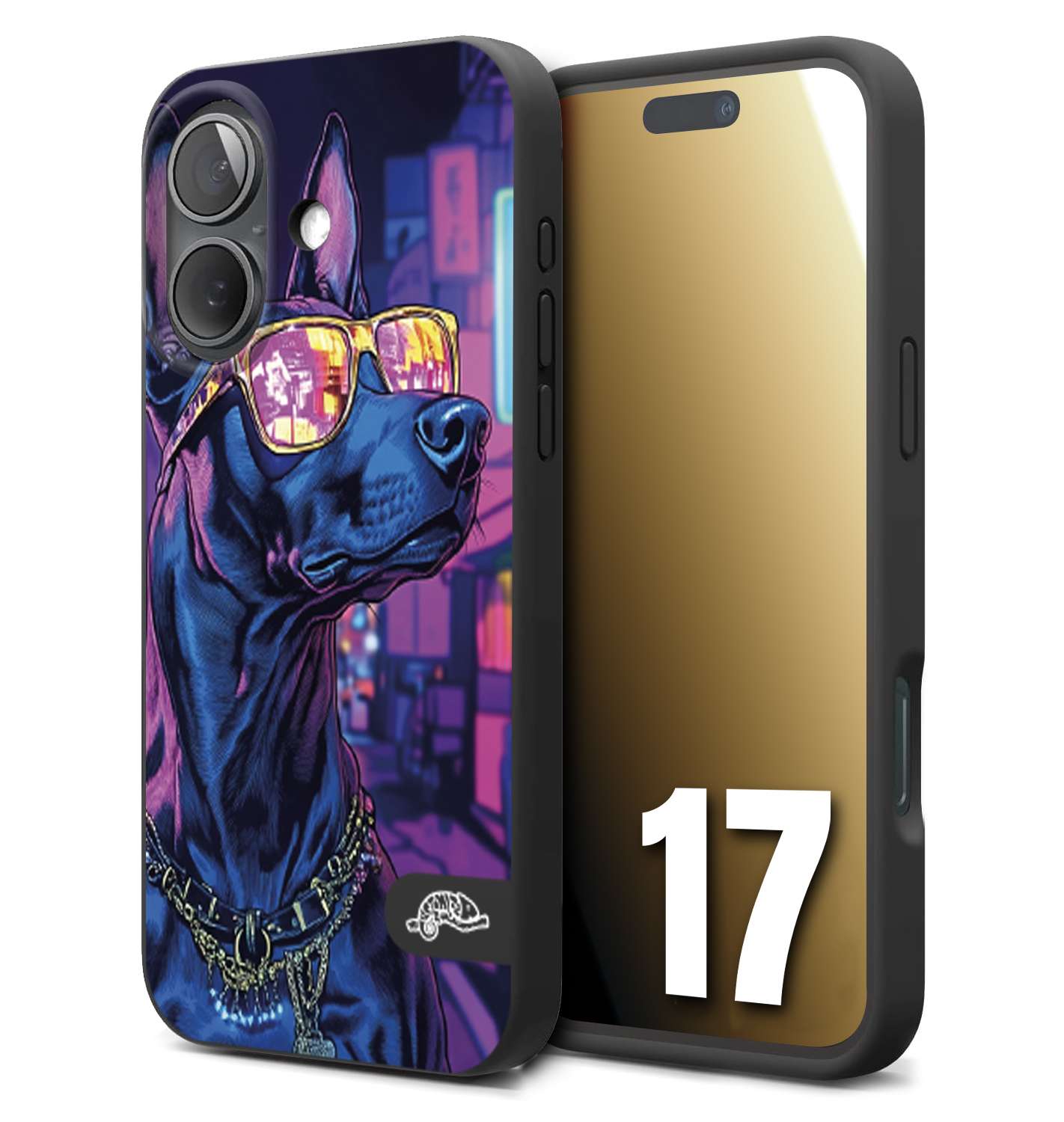 CUSTOMIZZA - Custodia cover nera morbida in tpu compatibile per iPhone 17 animali cyberpunk dobermann cane street dog fucsia blu night