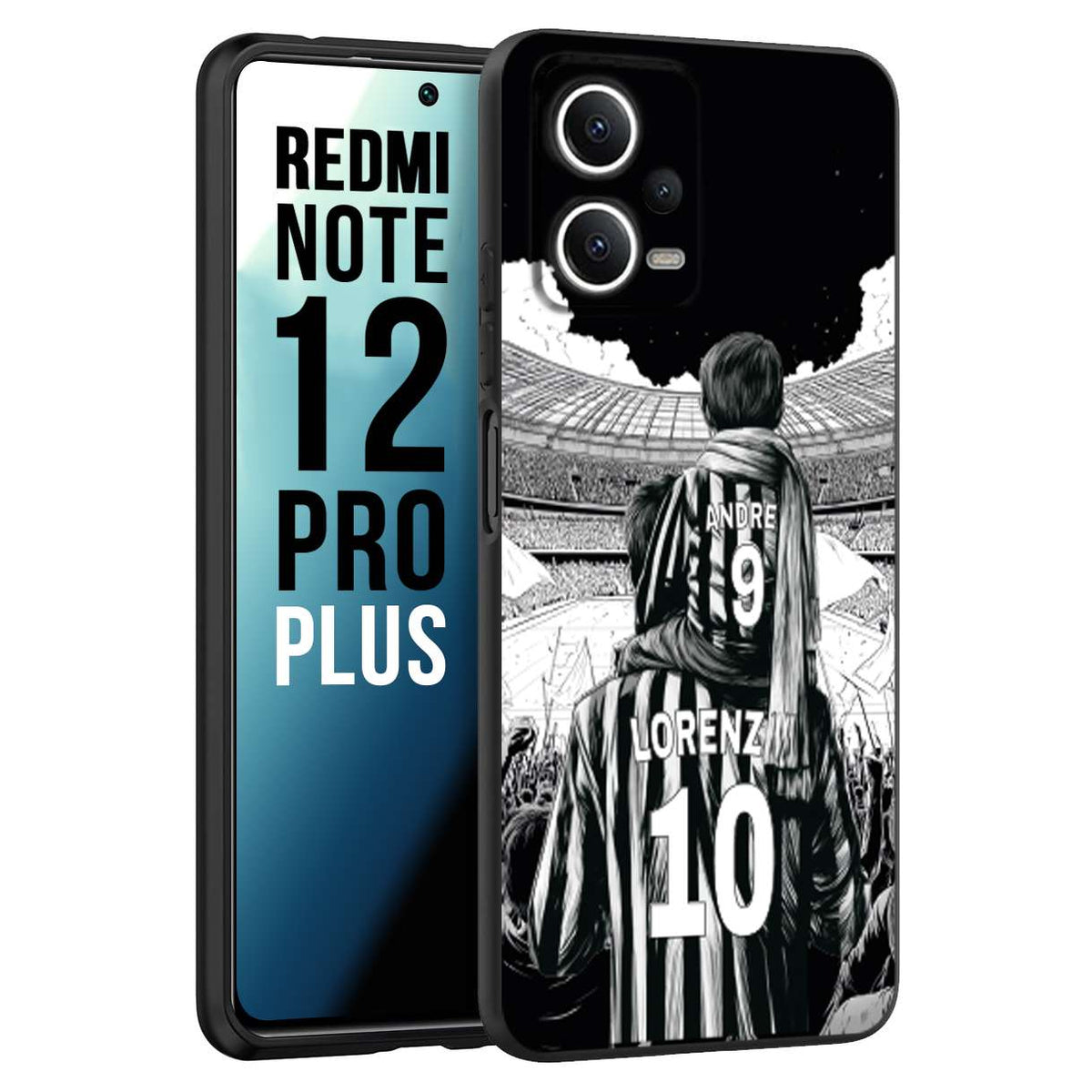 CUSTOMIZZA - Custodia cover nera morbida in tpu compatibile per Xiaomi Redmi Note 12 PRO PLUS personalizzata calcio football nome e numero calciatori bianconeri bianca e nera