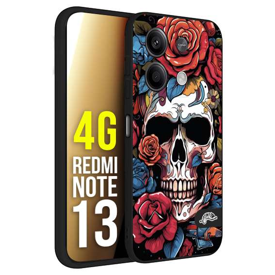 CUSTOMIZZA - Custodia cover nera morbida in tpu compatibile per Xiaomi Redmi Note 13 4G teschio skull flowers fiori rose rosse tattoo disegnato