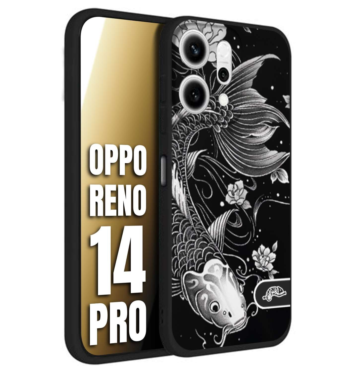 CUSTOMIZZA - Custodia cover nera morbida in tpu compatibile per Oppo Reno 14 PRO carpa koi black and white bianco a rilievo disegnato tattoo tatuaggio