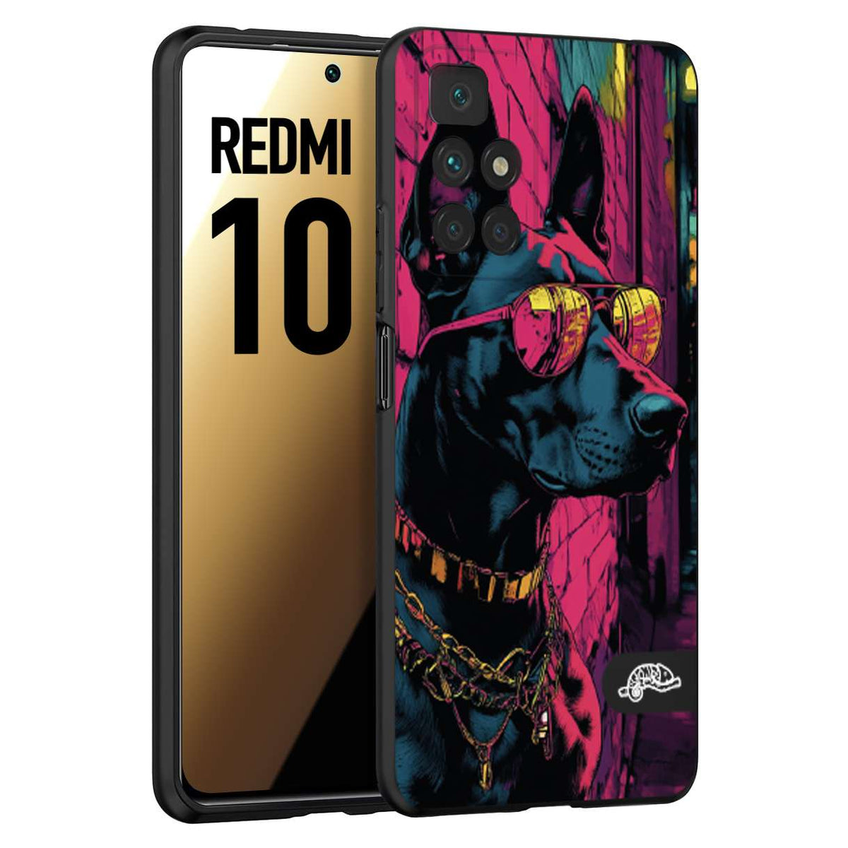 CUSTOMIZZA - Custodia cover nera morbida in tpu compatibile per Xiaomi Redmi 10 animali cyberpunk dobermann cane street dog fucsia blu
