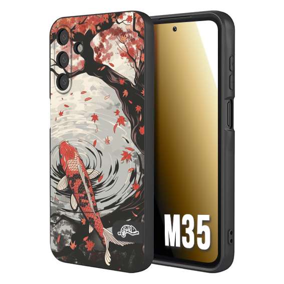 CUSTOMIZZA - Custodia cover nera morbida in tpu compatibile per Samsung M35 giapponese lago carpa koi rossa con foglie d'acero rosso disegnata tattoo