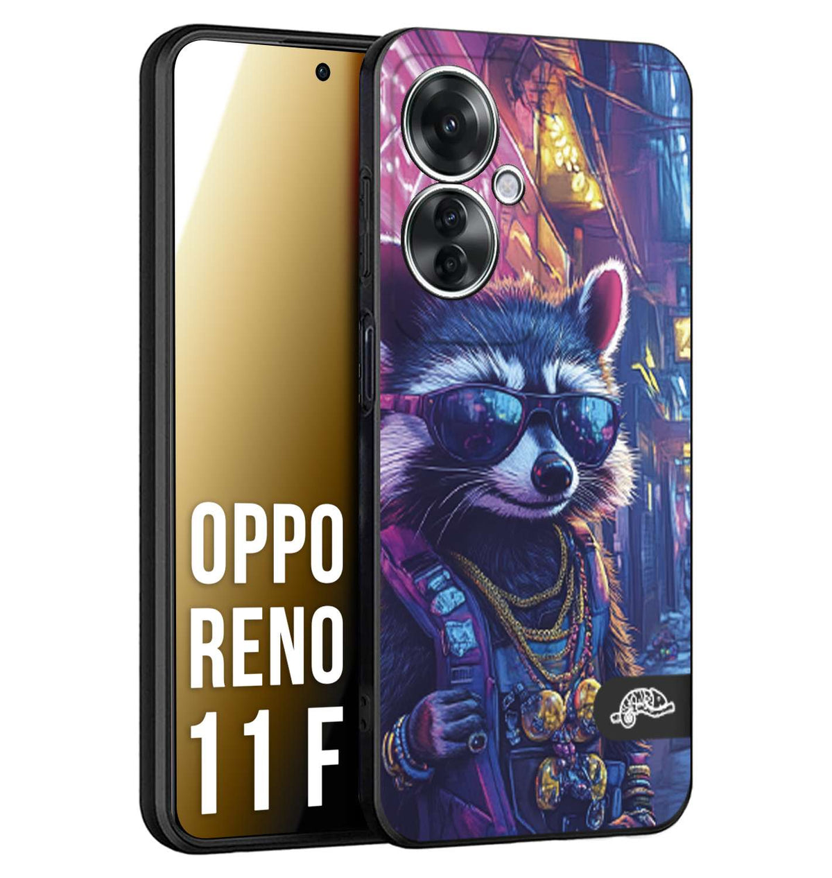 CUSTOMIZZA - Custodia cover nera morbida in tpu compatibile per Oppo Reno 11 F 5G animali simpatici cyberpunk procione racoon street cat fucsia blu giallo
