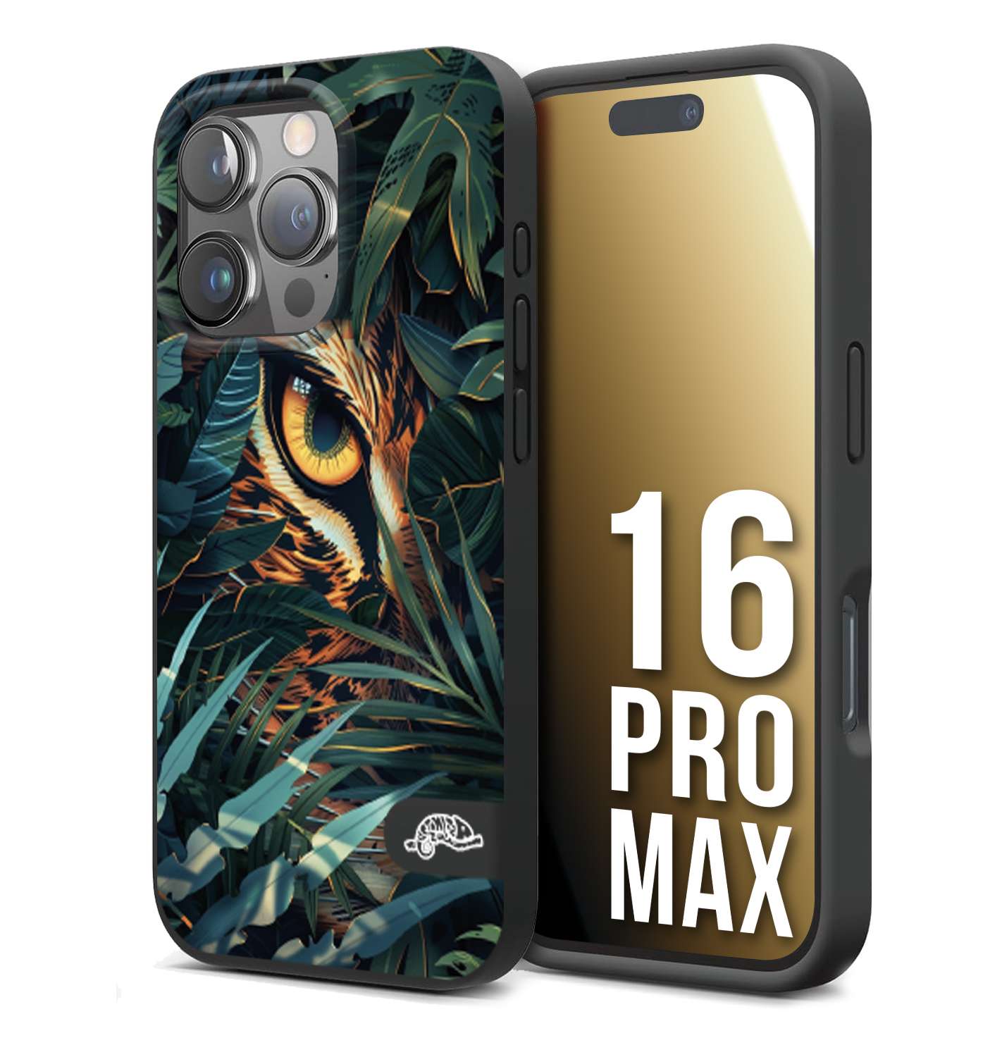 CUSTOMIZZA - Custodia cover nera morbida in tpu compatibile per iPhone 16 PRO MAX animali color giungla tropicale occhio di giaguaro felino disegnato