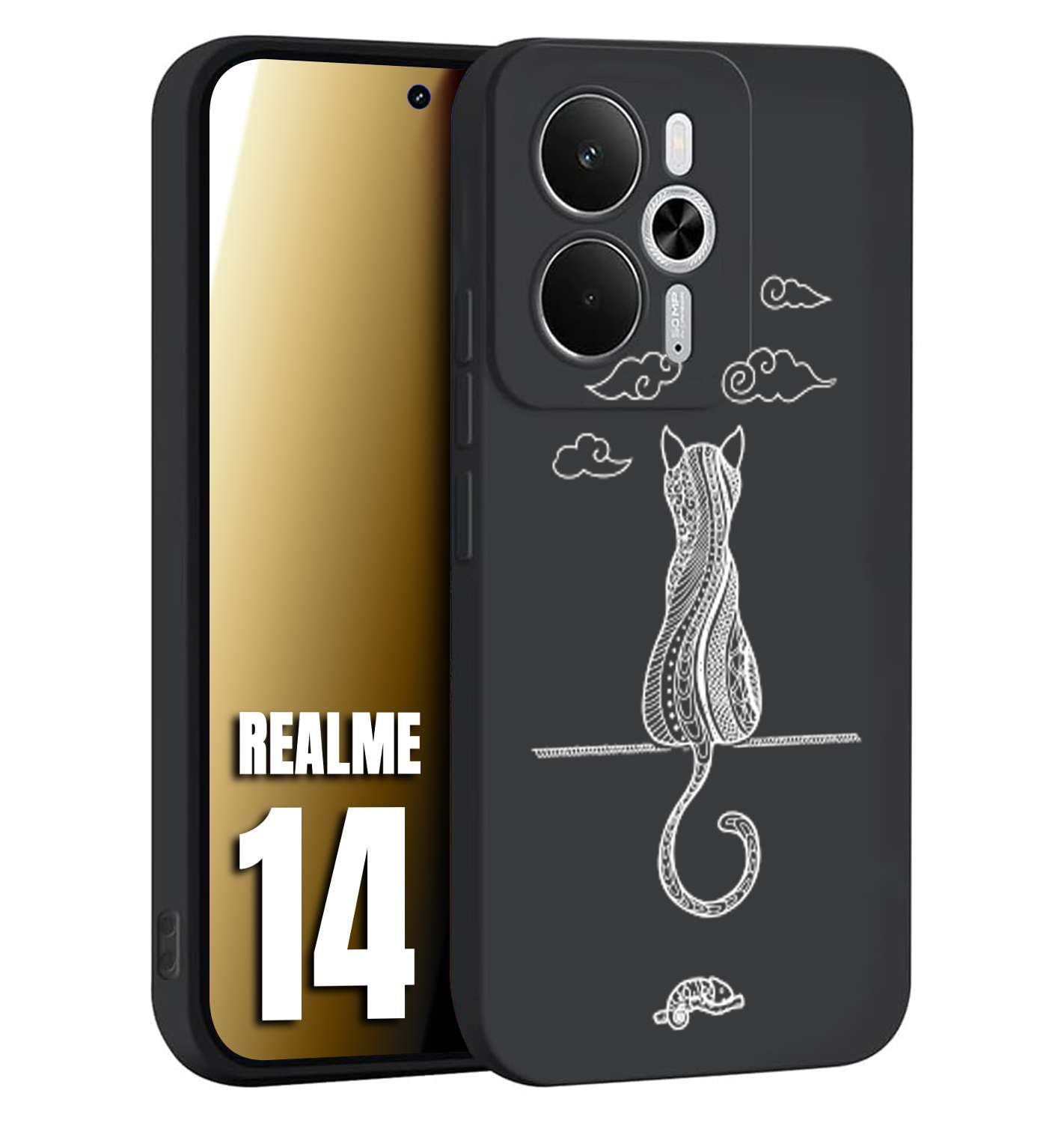 CUSTOMIZZA - Custodia cover nera morbida in tpu compatibile per Realme 14 5G gatto mandala stilizzato gattino a rilievo soft touch donna bianca