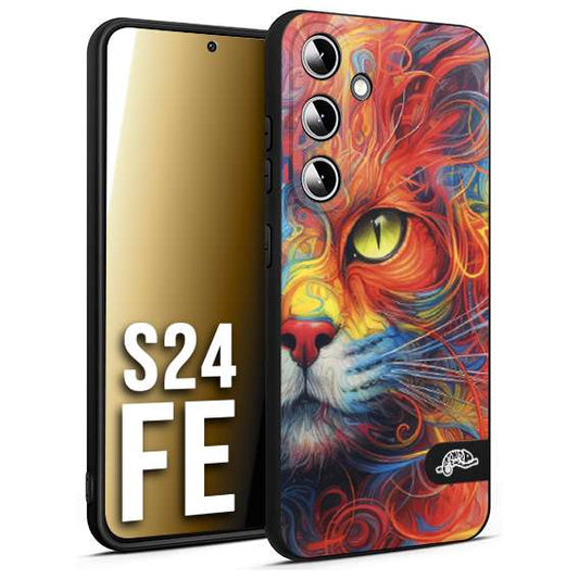CUSTOMIZZA - Custodia cover nera morbida in tpu compatibile per Samsung S24 FE animali color cat gatto viso colori vibranti disegnato schizzo
