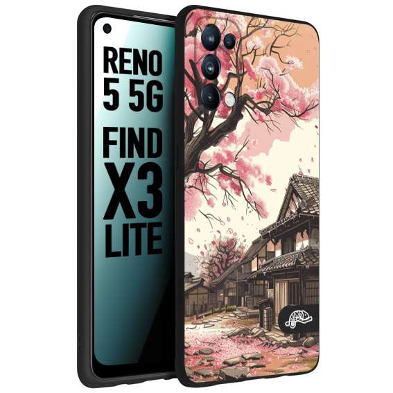 CUSTOMIZZA - Custodia cover nera morbida in tpu compatibile per Oppo Reno 5 5G casa giapponese rosa ciliegio in fiore disegnata tattoo