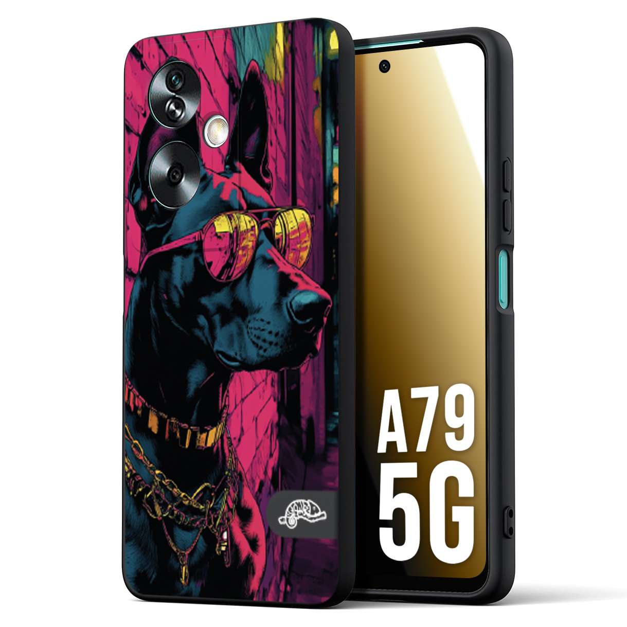 CUSTOMIZZA - Custodia cover nera morbida in tpu compatibile per Oppo A79 5G animali cyberpunk dobermann cane street dog fucsia blu
