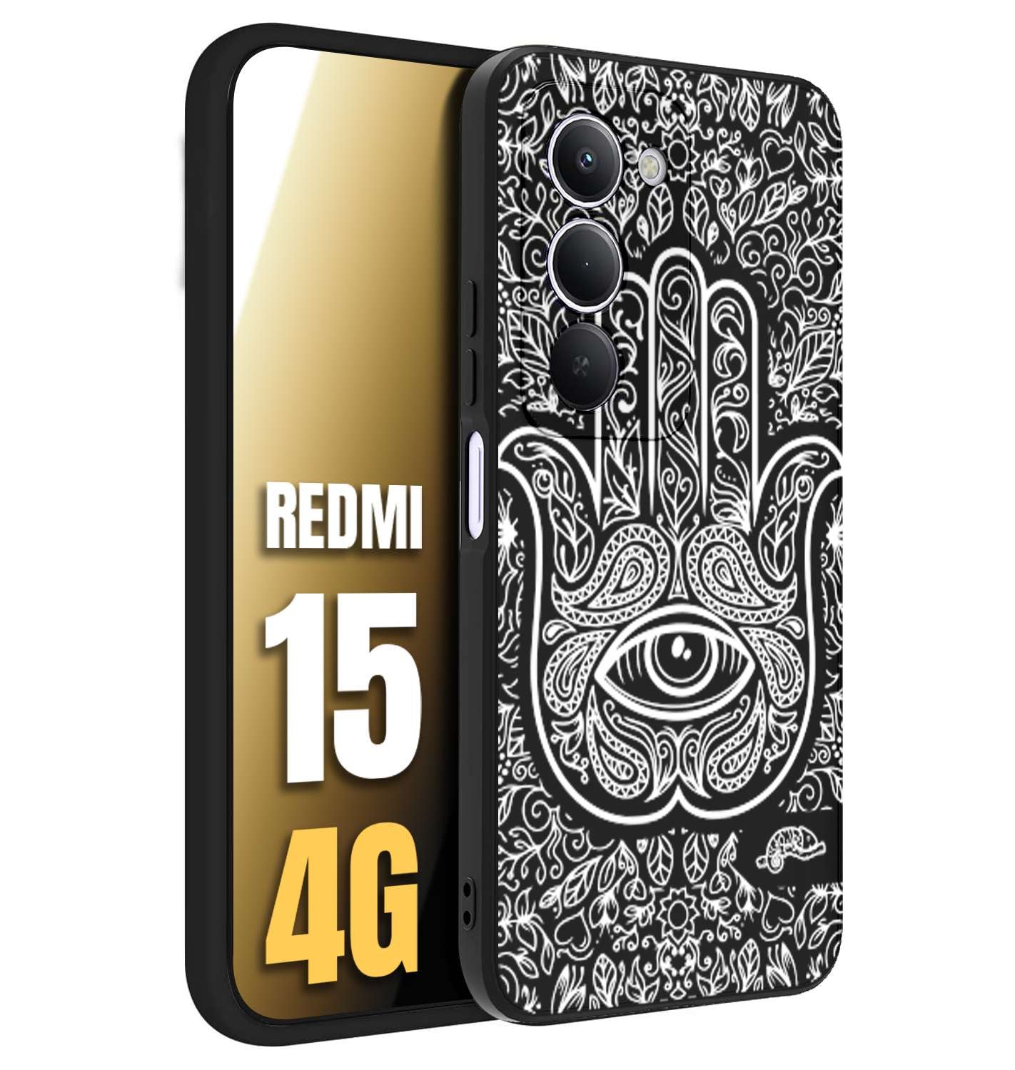 CUSTOMIZZA - Custodia cover nera morbida in tpu compatibile per Xiaomi Redmi 15 4G mano di fatima effetto rilievo mandala donna