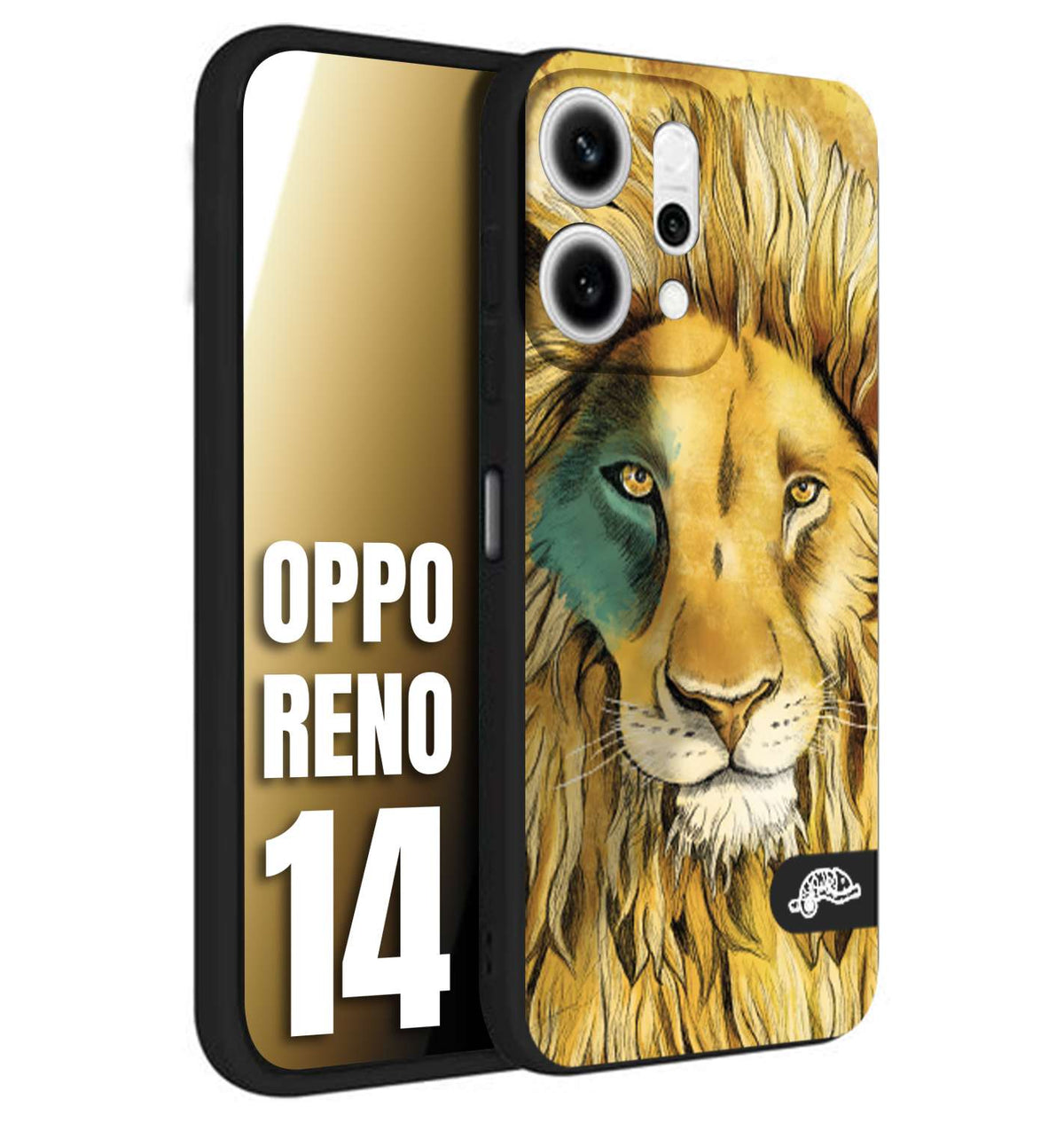 CUSTOMIZZA - Custodia cover nera morbida in tpu compatibile per Oppo Reno 14 leone lion disegnato a mano giallo blu a rilievo artistico brown