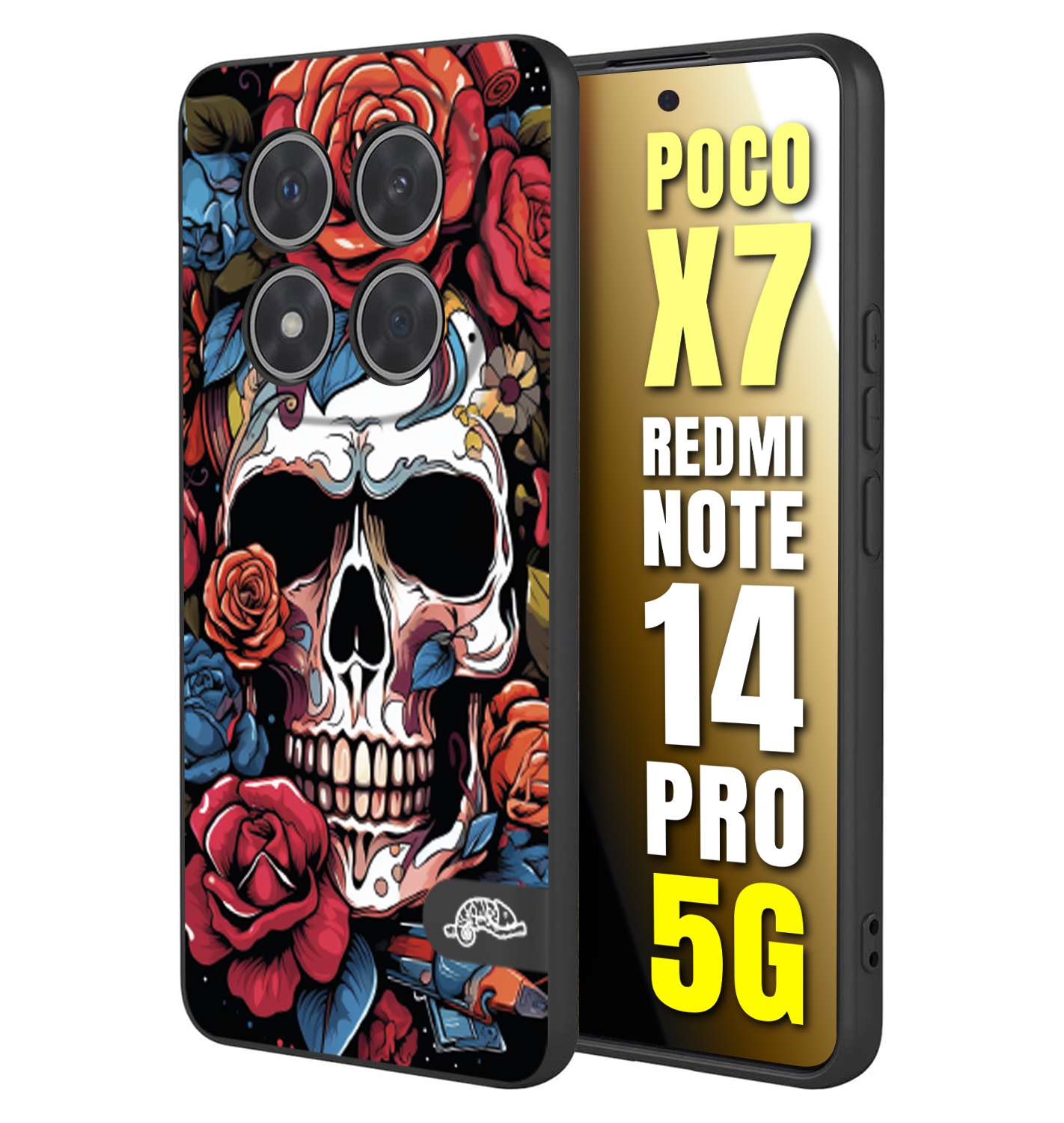 CUSTOMIZZA - Custodia cover nera morbida in tpu compatibile per Xiaomi Redmi Note 14 PRO 5G teschio skull flowers fiori rose rosse tattoo disegnato