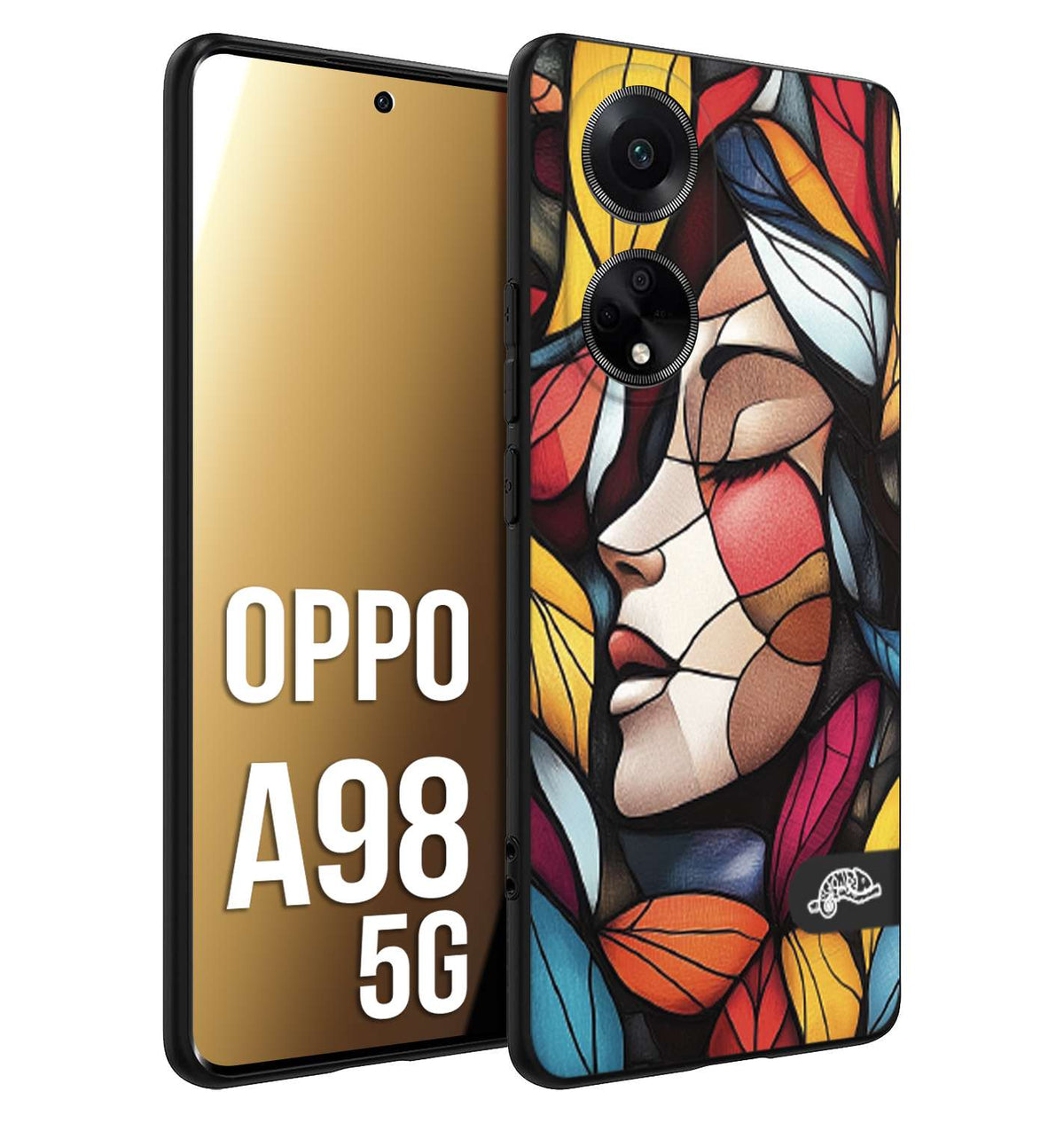 CUSTOMIZZA - Custodia cover nera morbida in tpu compatibile per Oppo A98 5G Vetrata artistica volto di donna profilo fogliare mosaico di vetro colorato