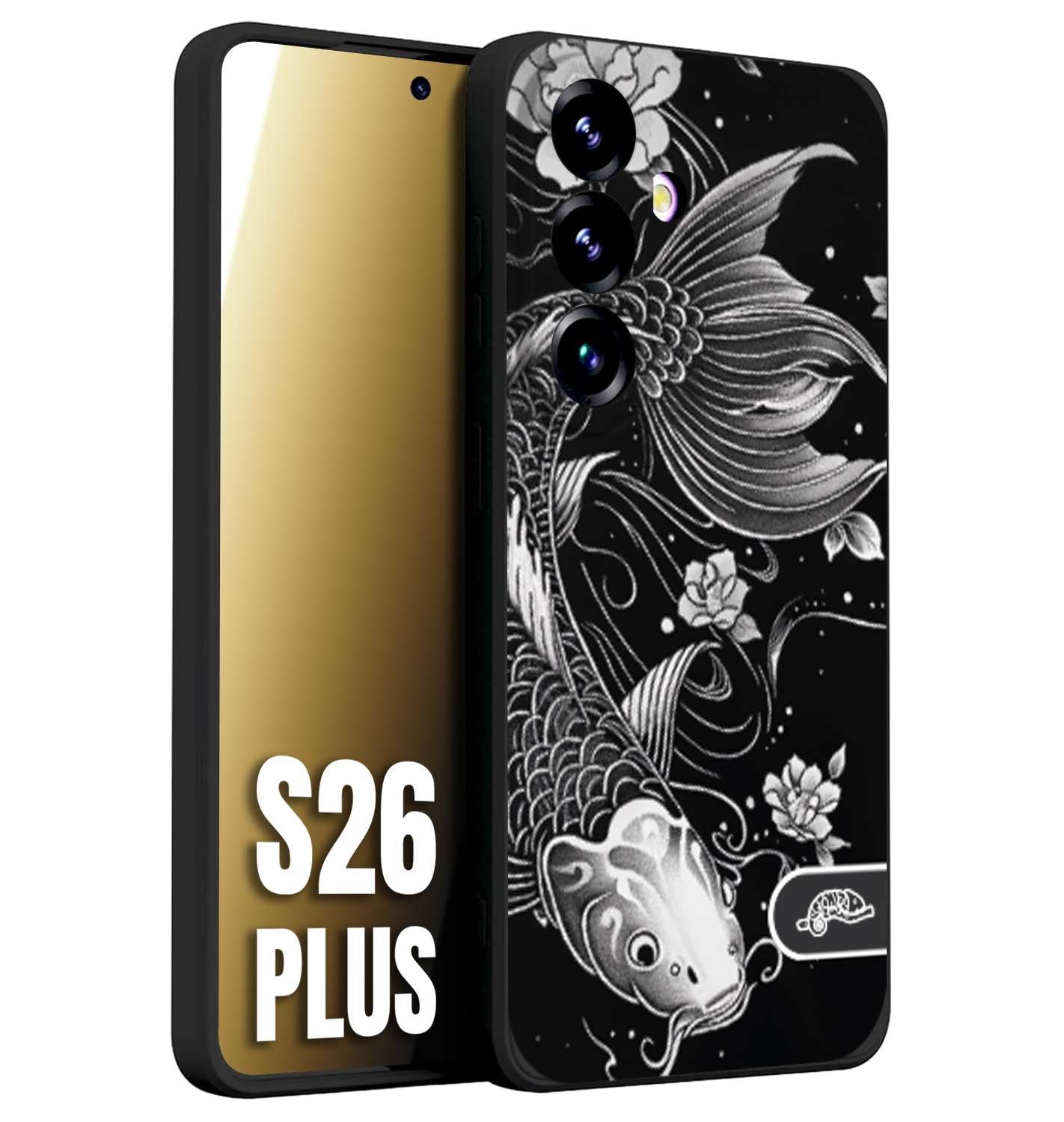 CUSTOMIZZA - Custodia cover nera morbida in tpu compatibile per Samsung S26 PLUS carpa koi black and white bianco a rilievo disegnato tattoo tatuaggio