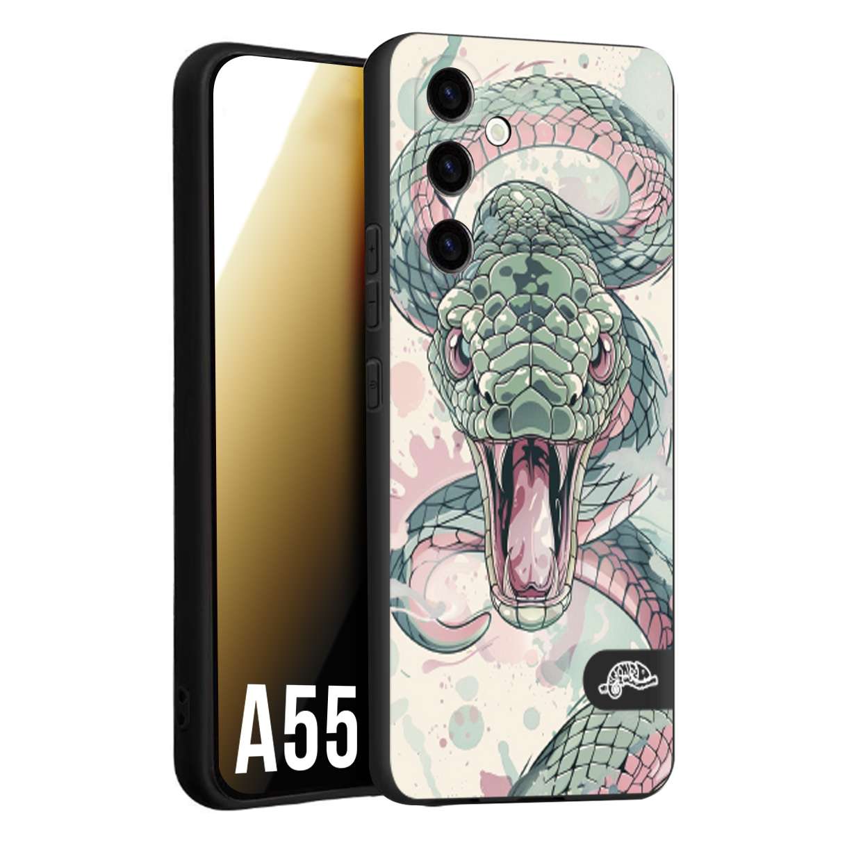 CUSTOMIZZA - Custodia cover nera morbida in tpu compatibile per Samsung A55 5G snake pink green serpente tatuaggio tattoo disegnato a mano
