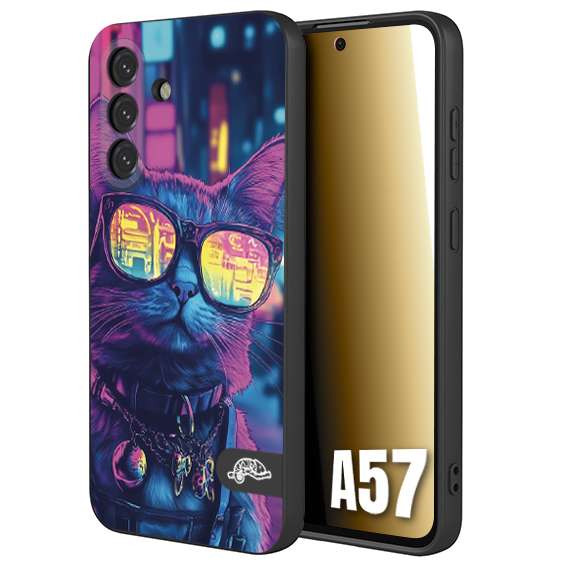 CUSTOMIZZA - Custodia cover nera morbida in tpu compatibile per Samsung A57 animali cyberpunk gatto street cat fucsia blu giallo