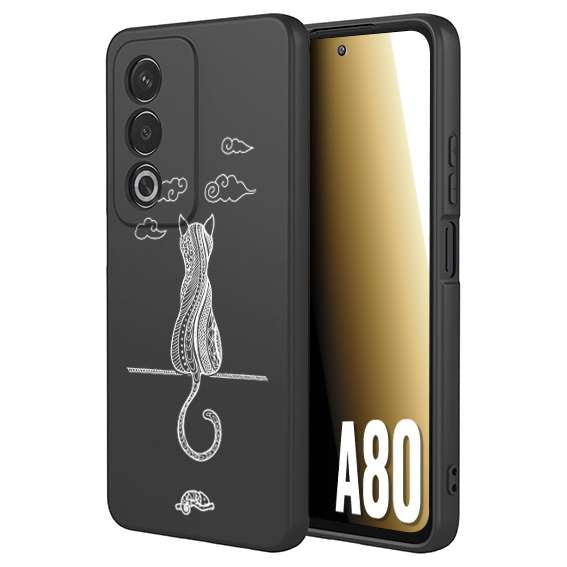 CUSTOMIZZA - Custodia cover nera morbida in tpu compatibile per Oppo A80 gatto mandala stilizzato gattino a rilievo soft touch donna bianca